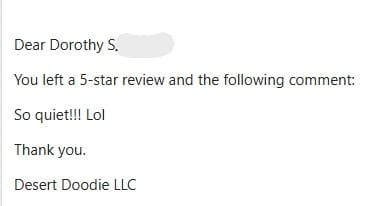 Thank-you email screenshot for 5-star quiet review