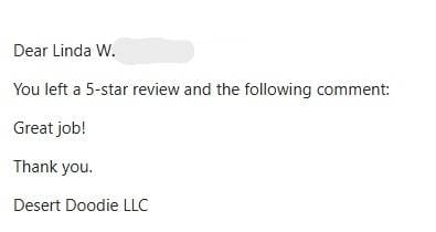 Screenshot of thank-you note for 5-star review
