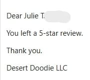 Thank-you message for a five-star review